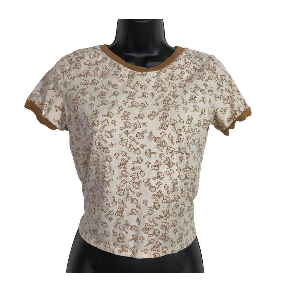 Mushroom Print Baby T Brown on Beige Ringer TShirt Juniors Small